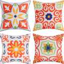 Pyonic Outdoor Waterproof Throw Pillow Covers for Patio Furniture Decorative Boho Pillow Covers 18x18 Floral Printed for Patio Tent Couch Garden Set of 4,Orange