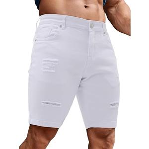 TUREFACE Mens Denim Shorts Fashion Slim Fit White Jean Shorts Skinny Stretch Ripped Dress Jorts Lightweight Frayed Short for Summer（White, 28）