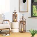Glitzhome Farmhouse Decorative Lanterns Wooden Candle Lantern Church Window Frame Lanterns for Wedding Mantle Entryway Home Patio Balcony Garden, Pack of 2, Natural, No Glass