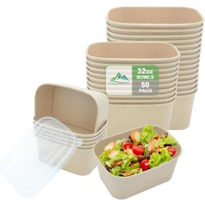 Kaderron 50 Pack 32 OZ Large Paper Bowls with Lids, Heavy Duty Disposable Compostable Container for Party, Disposable Bowls Bulk Soak-Proof and Microwave Safe for Hot/Cold Use(32OZ-50PACK)
