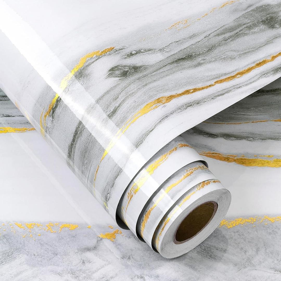 FunStick 24"x200" Glossy Marble Contact Paper for Kitchen Counter Top Contact Paper Peel and Stick Waterproof Gold White Marble Wallpaper for Bathroom Self Adhesive Vinyl Wrap for Countertops Cabinets