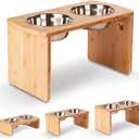 Elevated Dog Bowls, Bamboo Raised Dog Bowl for Large Dogs, with 2 Stainless Steel Bowls (13'' Tall-68oz Bowl, Natural)