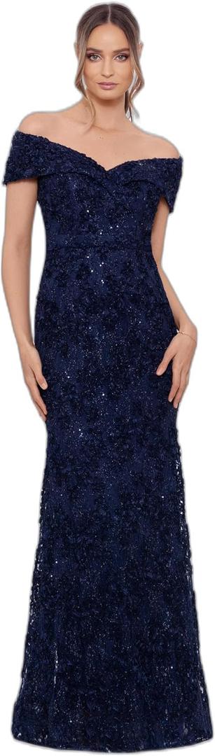 Xscape Women's Off The Shoulder Sequin & Lace Overlay Evening Gown with Sweetheart Neckline, Sheath Formal Dress (Blue, XS)