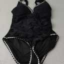 B2prity One Piece Swimsuit for Women Tummy Control Ruched Bathing Suit Push Up Tie Back Swimwear Shell Stitched (Large, Black, White)