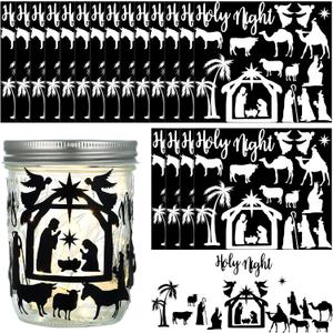 Nezyo 30 Sheet Nativity Scene Stickers Christmas Religious Jesus Mason Jar Decals Holy Night Fairy Stickers Nativity Silhouette Craft Waterproof Vinyl Adhesive Reusable Window Clings for Party Black