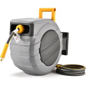 glahoden Air Hose Reel 115 Ft Retractable, 3/8 in x 115 Ft Hybrid Hose Air Compressor Hose Reel with 6 Ft Lead in Max 300 PSI Patented Design for Any Length Lock 180Swivel Bracket Quick Coupler