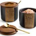 Salt and Pepper Bowl, Ceramic Salt Containers for Countertop, Salt and Pepper Cellar with Lid and Spoons, Black (Set of 2)