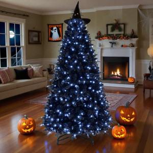 7FT PreLit Black Christmas Tree with 450 Lights, Artificial Fake Christmas Tree with 1916 PE&PVC Branch Tips, Halloween and Xmas Tree for Holiday Decorations, Metal Stand and Hinged Branches