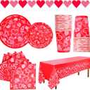 Gatherfun Valentine's Day Party Supplies Hot Heart Love Disposable Paper Plates Napkins Cups plastic Tablecloth with Banner for Valentine's Day, Engagements, Anniversary, Birthday Party Serve 25