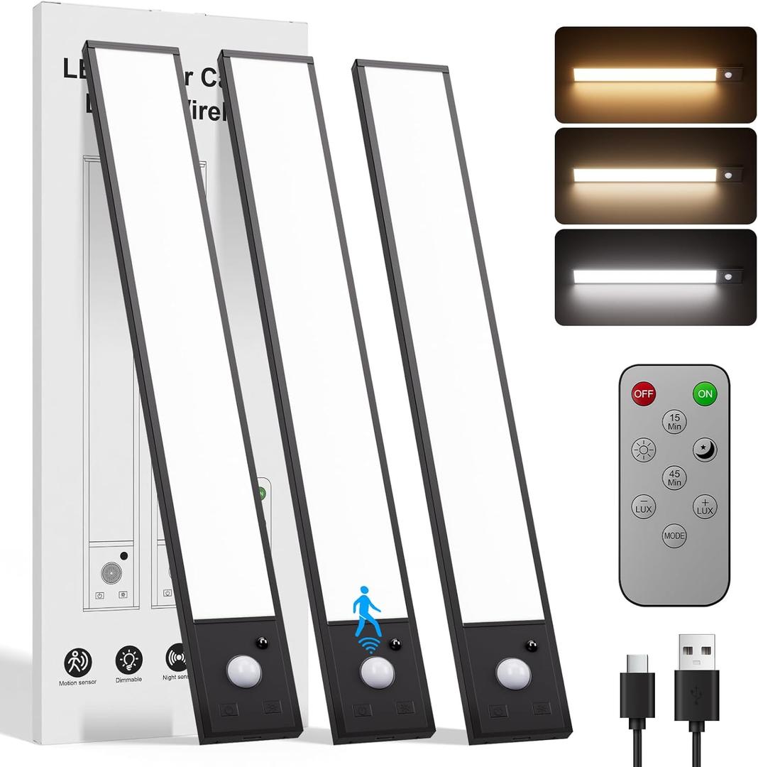 8inch Rechargeable under cabinet lighting ,56 LED -3 Color& 7 Levels Motion Sensor Light Indoor,1800mah Dimmable Magnetic Cabinet Lights, Punch-Free smart Sensor Magnetic Rechargeable led Lights