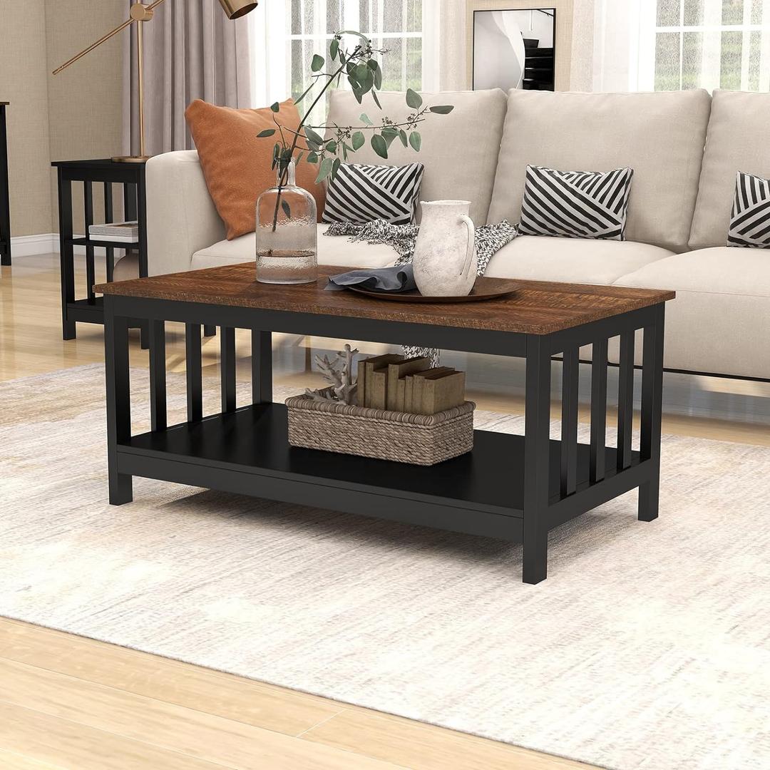 ChooChoo Farmhouse Coffee Table, Black Living Room Table with Shelf, 40 Inch, 22"d X 39.9"w X 18.1"h
