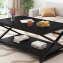 HSH Black Coffee Table Modern, 47 Inch Simple Rectangle Cocktail Table with Storage Display Shelf, 2 Tier Minimalist Industrial Wooden and Metal Center Tea Table for Living Room Office, Black Oak