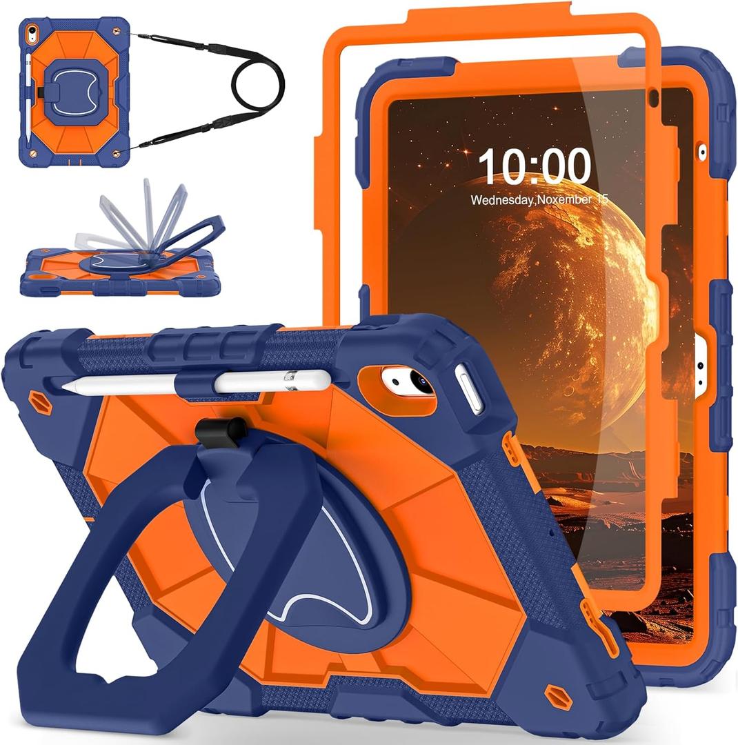 WESOROL Case for iPad (A16) 11th/10th Generation 2025/2022 with Screen Protector Rotating Stand Pencil Holder Shoulder Strap Heavy Duty Shockproof Cover for iPad 10th Gen Case Kids,Navy Orange