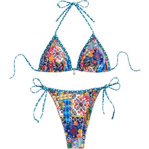 Women's 2 Piece Floral Bikini Boho Halter Triangle Bikini Set Tie Back Swimsuit Bathing Suit Beachwear Swimwear (Multi), Size: XS