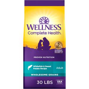 Wellness Complete Health Adult Dry Dog Food, Wholesome Grain Kibble, Natural, Chicken Free, Whitefish and Sweet Potato Recipe, 30 lb Bag (EXP 10/15/27)