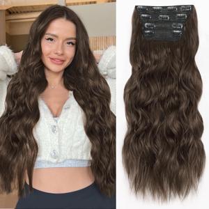 ALXNAN Clip in Hair Extensions for Women,Chocolate Brown with Dark Brown Long Wavy Hair Extensions Clip Ins 4PCS 24 Inch Synthetic Soft and Natural Thick Hair Pieces for Women