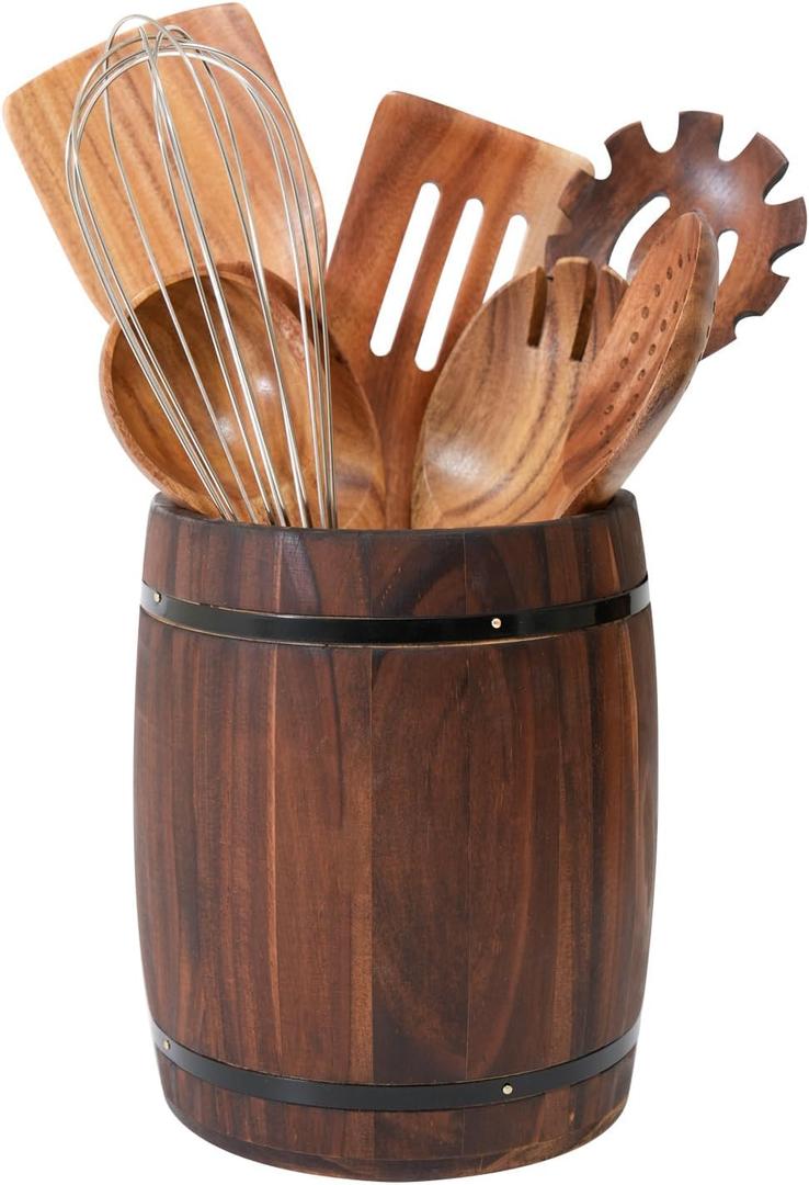 Tomato Garden Wooden Utensil Holder, Brown, Barrel Shape, Holds Spoons and Scoops, Wine Barrel Design, Painted, Smooth Surface, Sturdy Construction