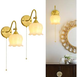 Yunnix Wall Sconces Set of Two Vintage Wall Sconces Flower Wall Lights Bow Sconces for Bathroom Sconces Bedroom Bedside Light Vanity Light Mirror Living Room White Pull Chain (Bulbs Not Included)