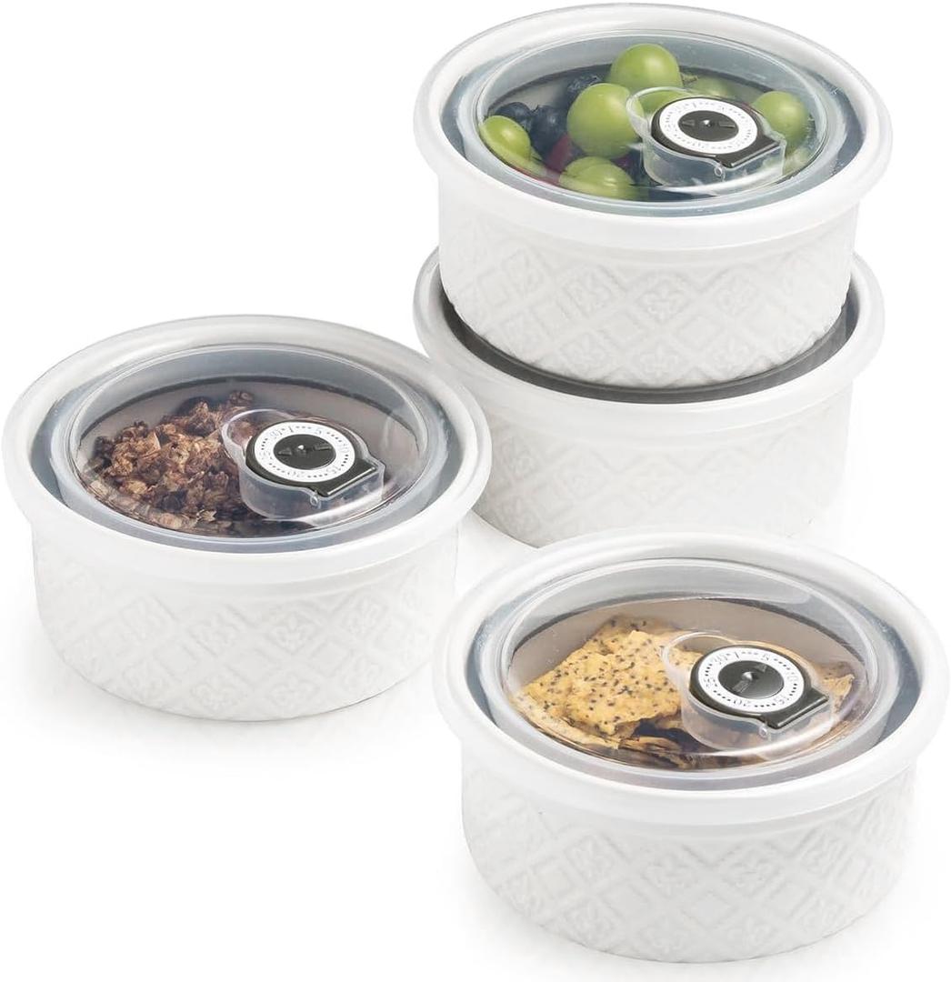 16 oz Creme Brulee Ramekins Oven Safe, Small Souffle Ramekin with lid, Mini Porcelain Ramekins Set with Covers, Small Ceramic Baking Dish Set of 4 (White (with Lid))
