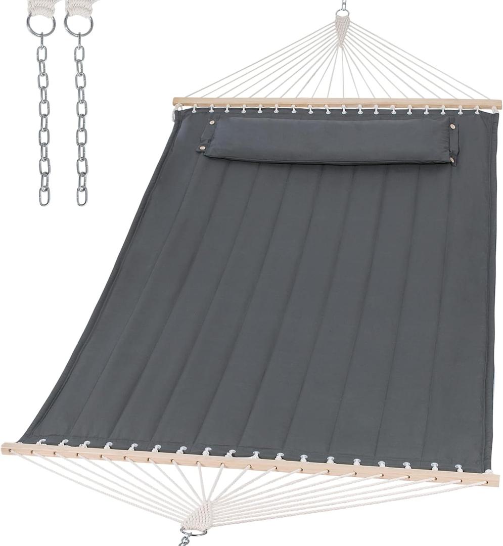 SUNCREAT Portable Tree Hammock with Hardwood Spreader Bar, Extra Large Soft Pillow, Heavy Duty 2 Person Hammock for Indoor, Outdoor, Gray (Grey)