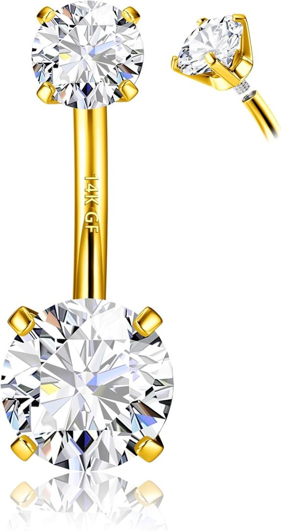 FIASASO 14G Surgical Steel G23 Titanium Sterling Silver 14K Gold Plated Belly Button Rings for Women Round Cubic Zirconia Navel Barbell Stud Hypoallergenic Body Piercing Jewelry (10mm-Universal)