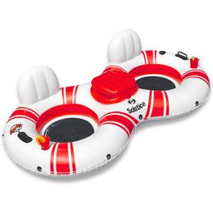 SOLSTICE Inflatable Tube Float  Heavy-Duty Material with Grab Handles for Pool, Lake & River  Compact with Backrest, Mesh Base, Cupholders & Rope  2-Person, White & Red, 89"  Super Chill