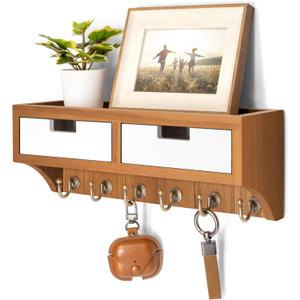 Rebee Vision Modern Farmhouse Key Holder Wall Mount with 2 Drawer Organizer : Mail Organizer with 6 Key Hooks and Wall Shelf - Home Organization for Room Decor (Light Brown & White)