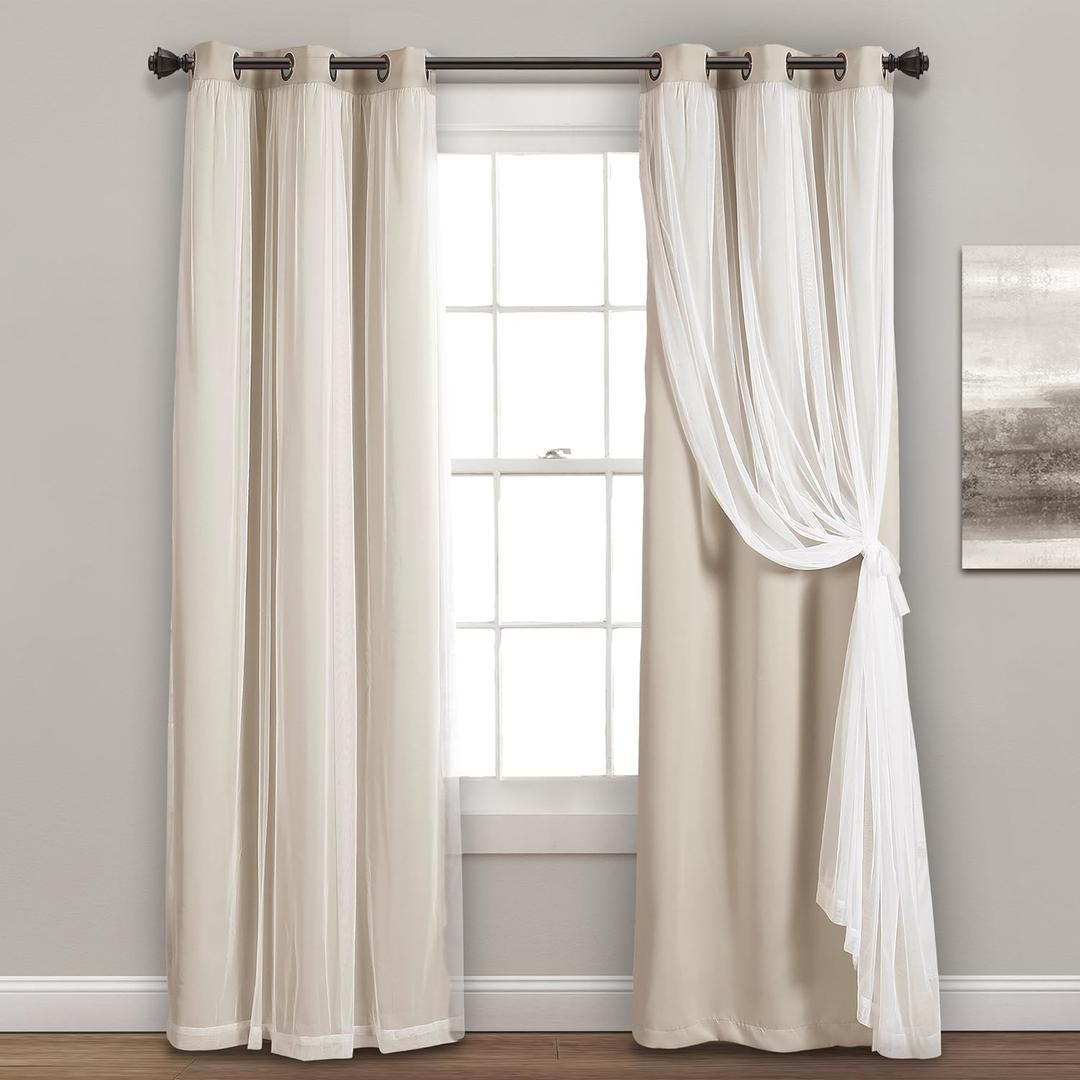 Lush Decor Sheer Grommet Curtains With Insulated Blackout Lining, Window Curtain Panels, Pair, 38"W x 84"L, Wheat - Curtain With Sheer Overlay, Elegant Blackout Curtains for Bedroom (38"W x 84"L (Pack of 2))