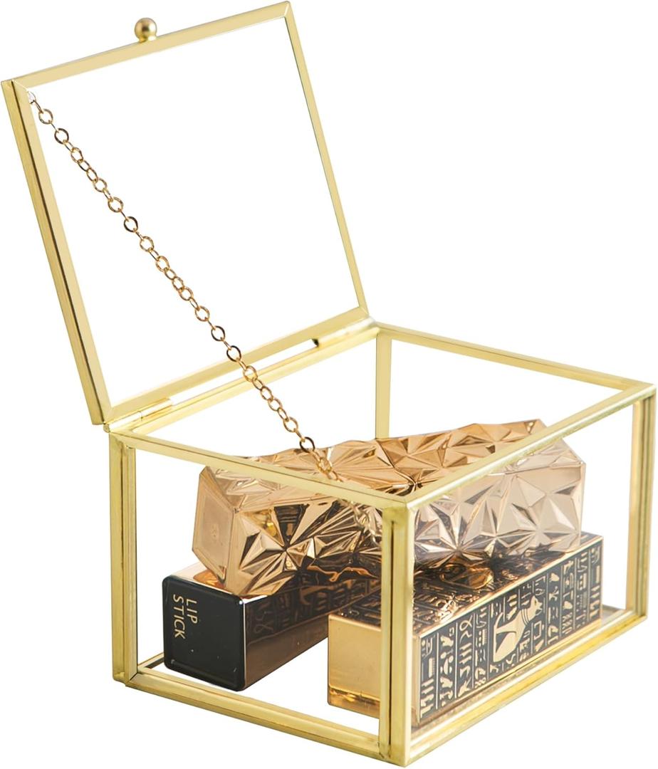 Glass Jewelry Box, Vintage Small Gold Keepsake Box Organizer Box Vanity Lidded Box Home Decor Accent Decorative Box for Storage Trinket Rings Bracelet 1