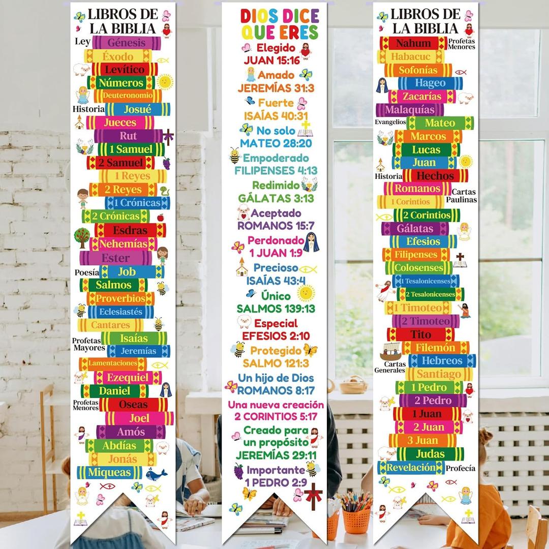 61 Inch Spanish Books of the Bible Banners Posters Fruit of The Spirit Banners Ten Commandments Bible Classroom Decorations Religious Christian Scripture Porch Sign for Sunday School Home Church Playroom (Spanish God Says You are) (Dios dice que eres)