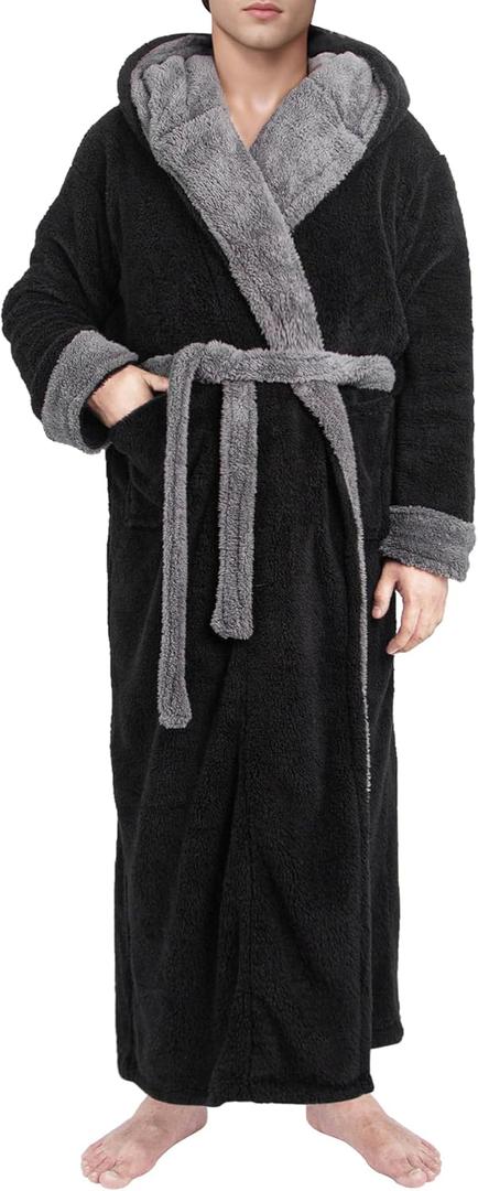 Yoimira Mens Robe with Hood, Big and Tall Plush Fleece Long Robe for Men Full-Length Bathrobe Cozy and Warm With Pockets (Black)