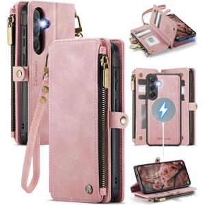 Defencase for Galaxy S25 Magnetic Wallet Case Compatible with Magsafe with RFID Blocking Zipper & Card Holder for Women Men, PU Leather Detachable Phone Case for Samsung Galaxy S25 6.2 inch, Rose Pink