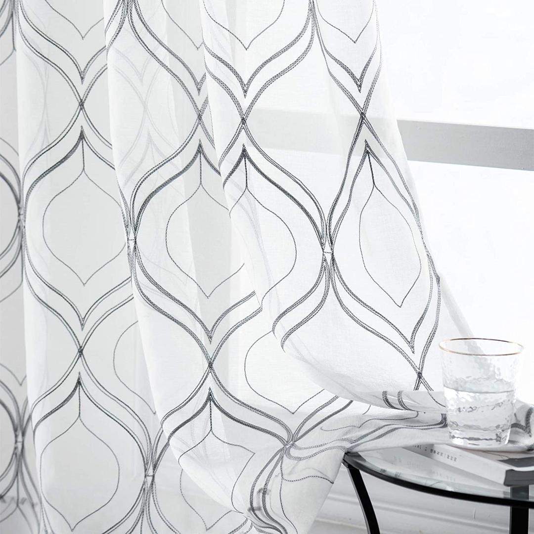 VISIONTEX White Sheer Curtains 84 Inches Long 2 Panels, Light Filtering Grey Moroccan Trellis Embroidered Semi Sheer Voile Drapes, Rod Pocket Textured Window Curtain for Bedroom Living Room 54W x 84L