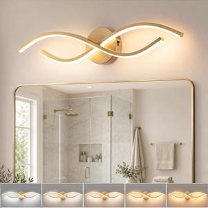 24 Inch Gold Modern LED Vanity Light, 20W 5CCT Dimmable Bathroom Light Fixture Over Mirror, 2700K-6500K Contemporary Wall Sconce for Bathroom, Curved Design Modern Vanity Lighting (Gold)