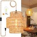 Boho Plug in Pendant Light Rattan Hanging Lights with Plug in Cord,Indoor Hanging Lamp with Dimmer Switch,Wicker Bamboo Woven LampShade Hanging Lamp Plug in for Bedroom Living Room Kitchen Island