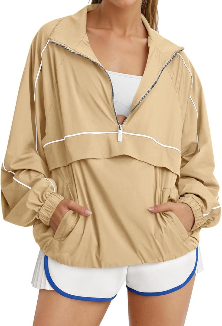 Fisoew Quarter Zip Pullover Women UPF 50+ Lightweight Windbreaker Jacket Running Hiking Outdoor Pullover with Pocket, Large, Khaki