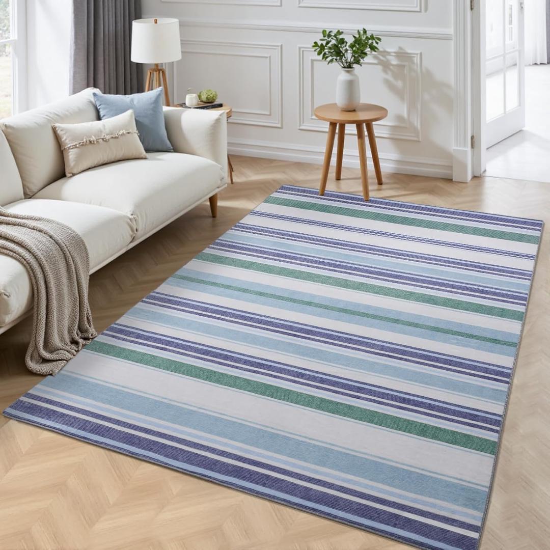 3x5 Area Rug for Bedroom, Washable Stripe Rugs with Non-Slip Backing for Living Room, Indoor Low-Pile Throw Carpet for Kitchen Dining Room Laundry Office Home Decor, Blue