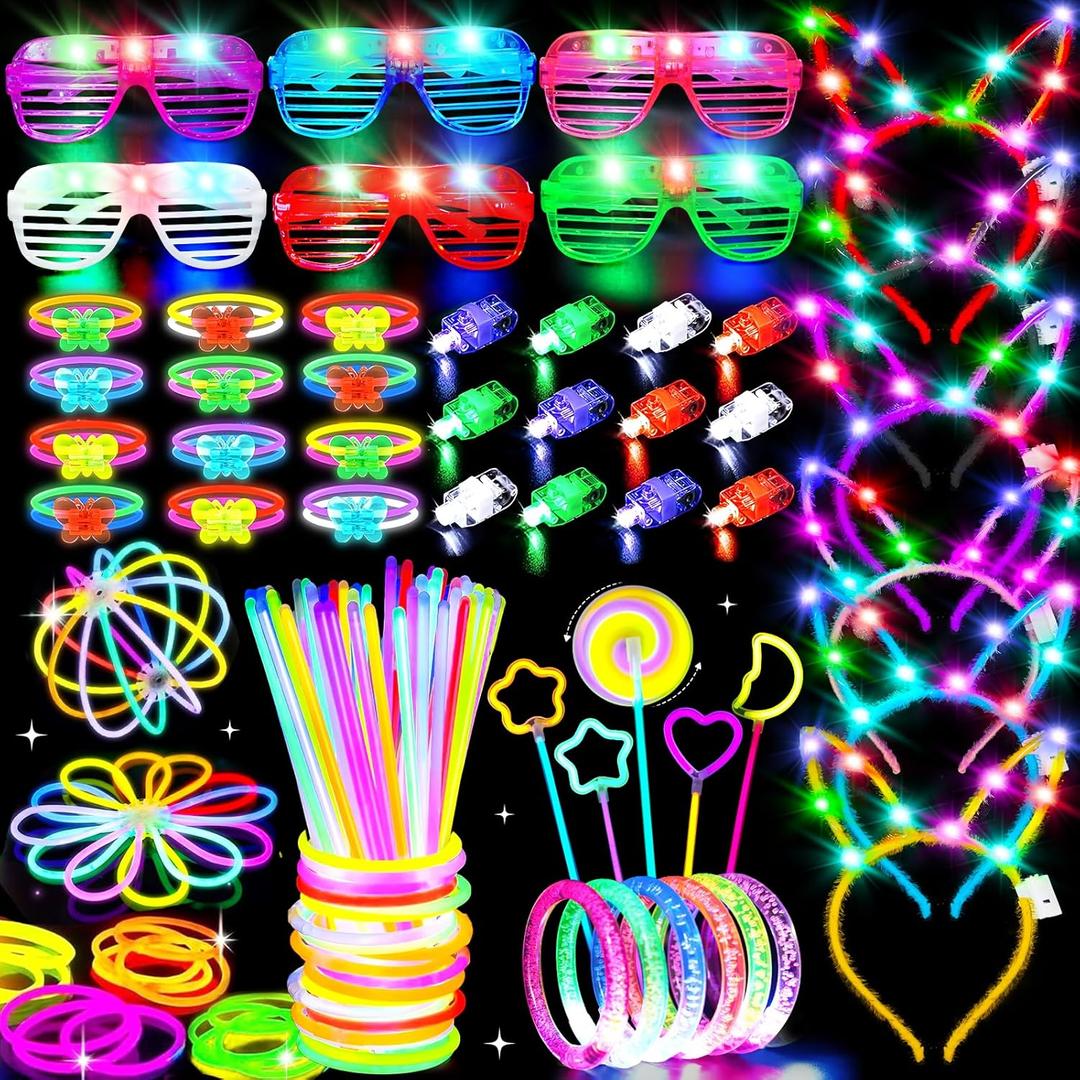 156PCS Glow in The Dark Party Supplies for Kids 8-12, Light Up Glasses Headband Rings Halloween Party Favor Adult, 100 Glow Sticks Bulk Party Pack DIY Necklaces Bracelets Neon Camping Pool Decorations