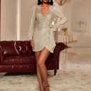 Sequin Saprkly Mini Dress Long Sleeve Homecoming V Neck Bodycon Dress Party Prom Cocktail Glitter Dress (Beige, XL)