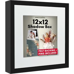 Americanflat 12x12 Shadow Box Frame with Shatter-Resistant Glass - Use as 10x10 Frame with Mat or 12x12 Without Mat - Silhouette Collection - Black with Soft Felt Back
