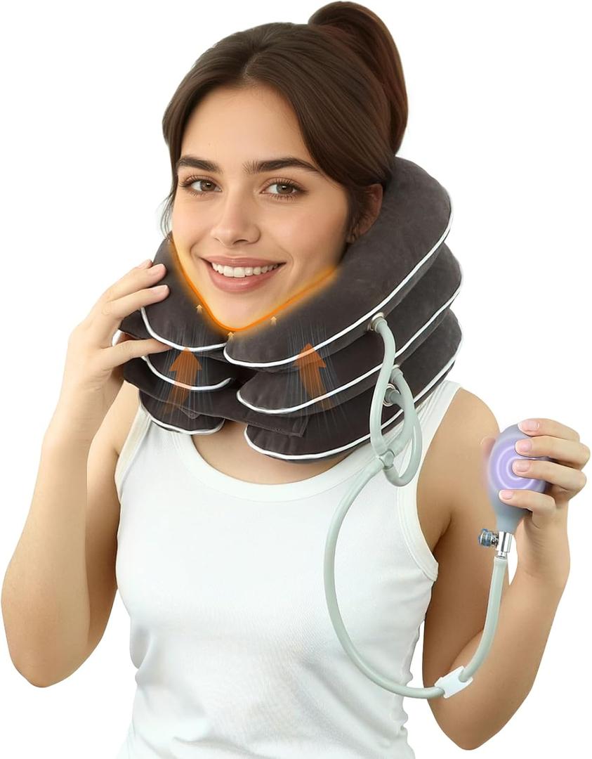 Cervical Neck Traction Device for Home Use Pain Relief,Neck Stretcher,Inflatable Support Neck Brace Adjustable,Neck Stress Relief&Relaxation Metal Valve TPU Liner with Air-Tightness(Dark Gray)
