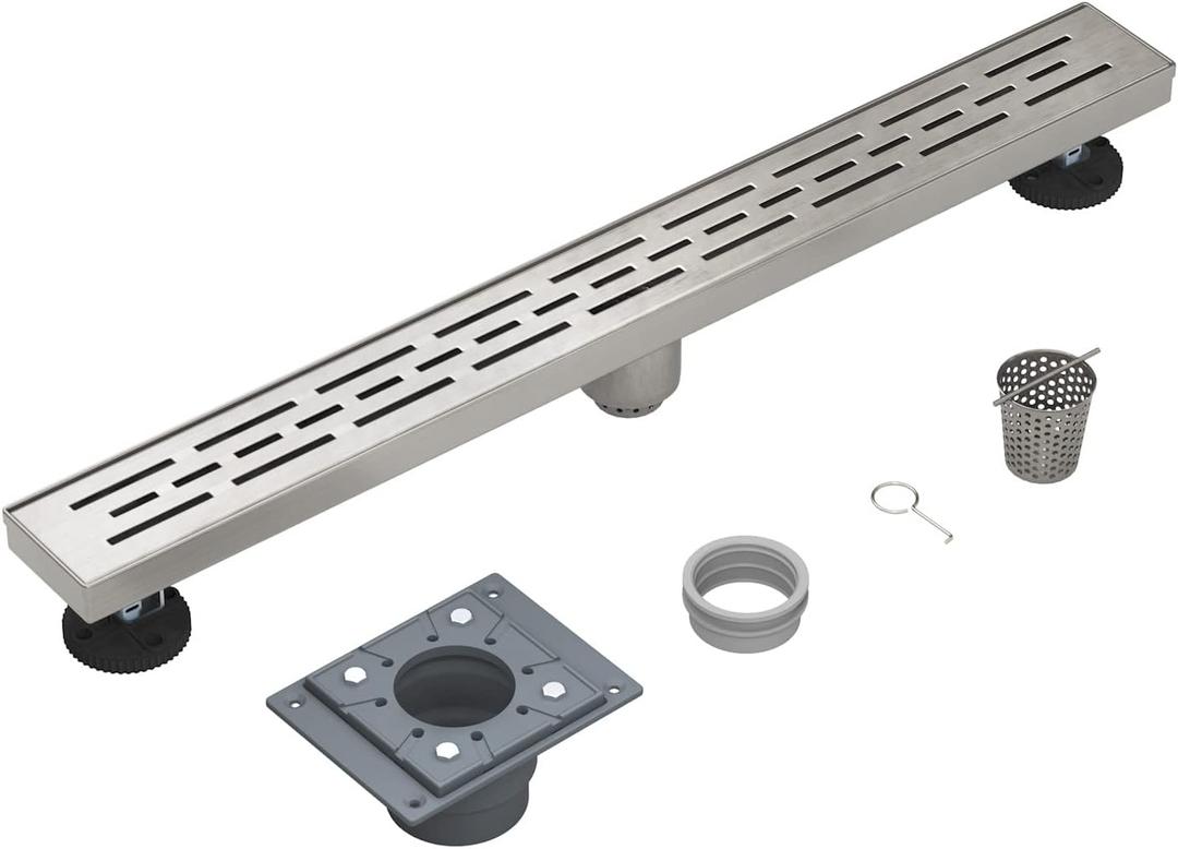 EMBATHER 28 Inch Linear Shower Drain with Shower Drain Base, CUPC Certified, 304 Stainless Steel Shower Floor Drain Included Removable Square Cover, Hair Strainer and Leveling Feet, Brushed Nickel