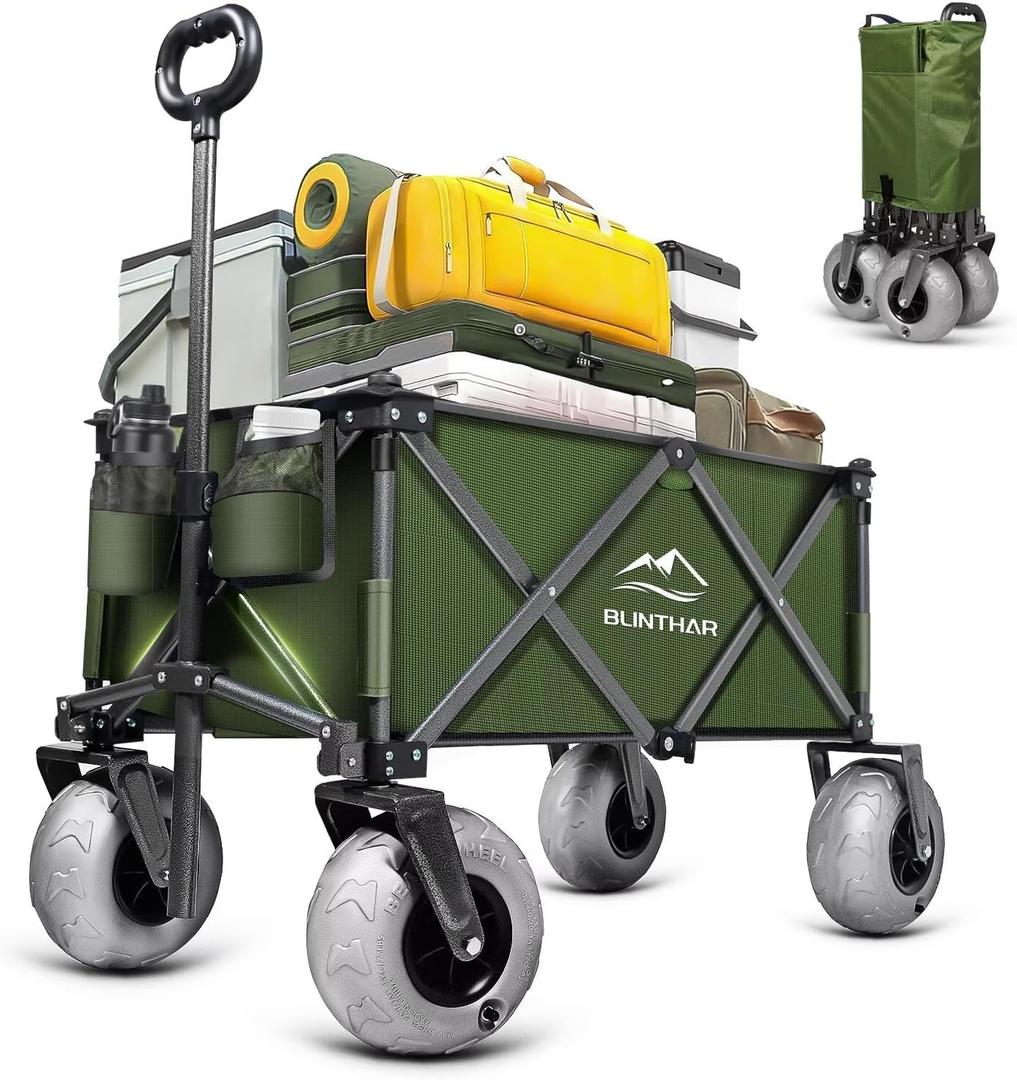 Beach Wagon with Big Wheels for Sand, Heavy Duty Collapsible Folding Wagon with All-Terrain 9" Pneumatic Tires & Drink Holders, Utility Wagon for Garden Sports Camping Outdoor Activities (Green)