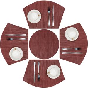 SHACOS Small Round Table Placemats Set of 5 Woven Vinyl Wedge Placemats with Centerpiece Round Table Mats Heat Resistant Wipe Clean (5, Burgundy Red)