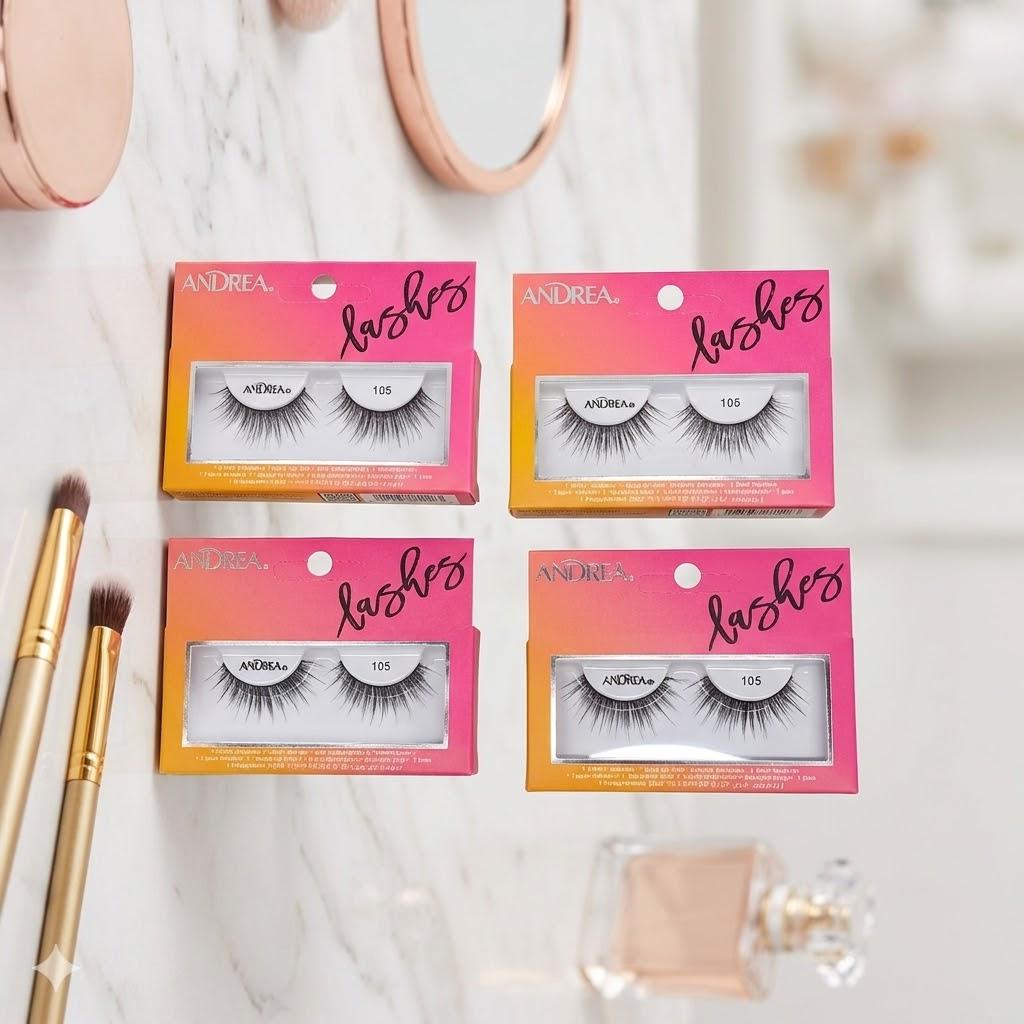 Andrea Strip Lash False Eyelashes Style 105 - Black, Lightweight, Reusable Natural Lashes for Everyday or Glam Looks, Pack Of 4