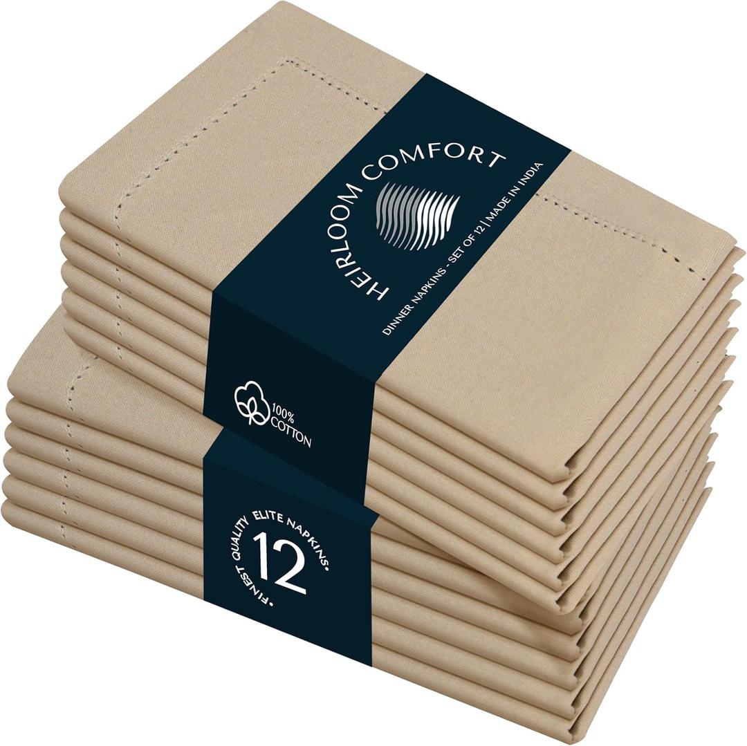 Beige Cloth Napkins 18"x18" - Set of 12 - Soft, Durable, Absorbent, Reusable, Washable - Hemstitch Mitered Edges - Perfect for Everyday Dining, Fall, Weddings, Baby Showers, Dinner