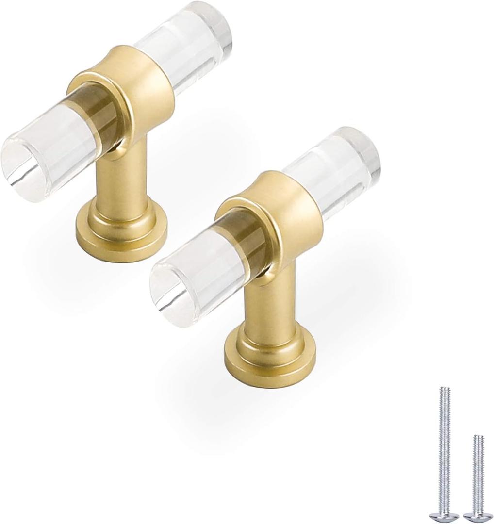 Haliwu/5 Pack Acrylic Drawer Knobs, Kitchen Cabinet Knobs Gold Knobs for Dresser 2 inch T Bar Knobs Singel Hole Crystal Hardware