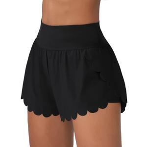 ATTRACO Women Swim Shorts Side Split Swim Trunk 2 in 1 Board Shorts with Pockets Swim Bottom (Small, Black(scallop))