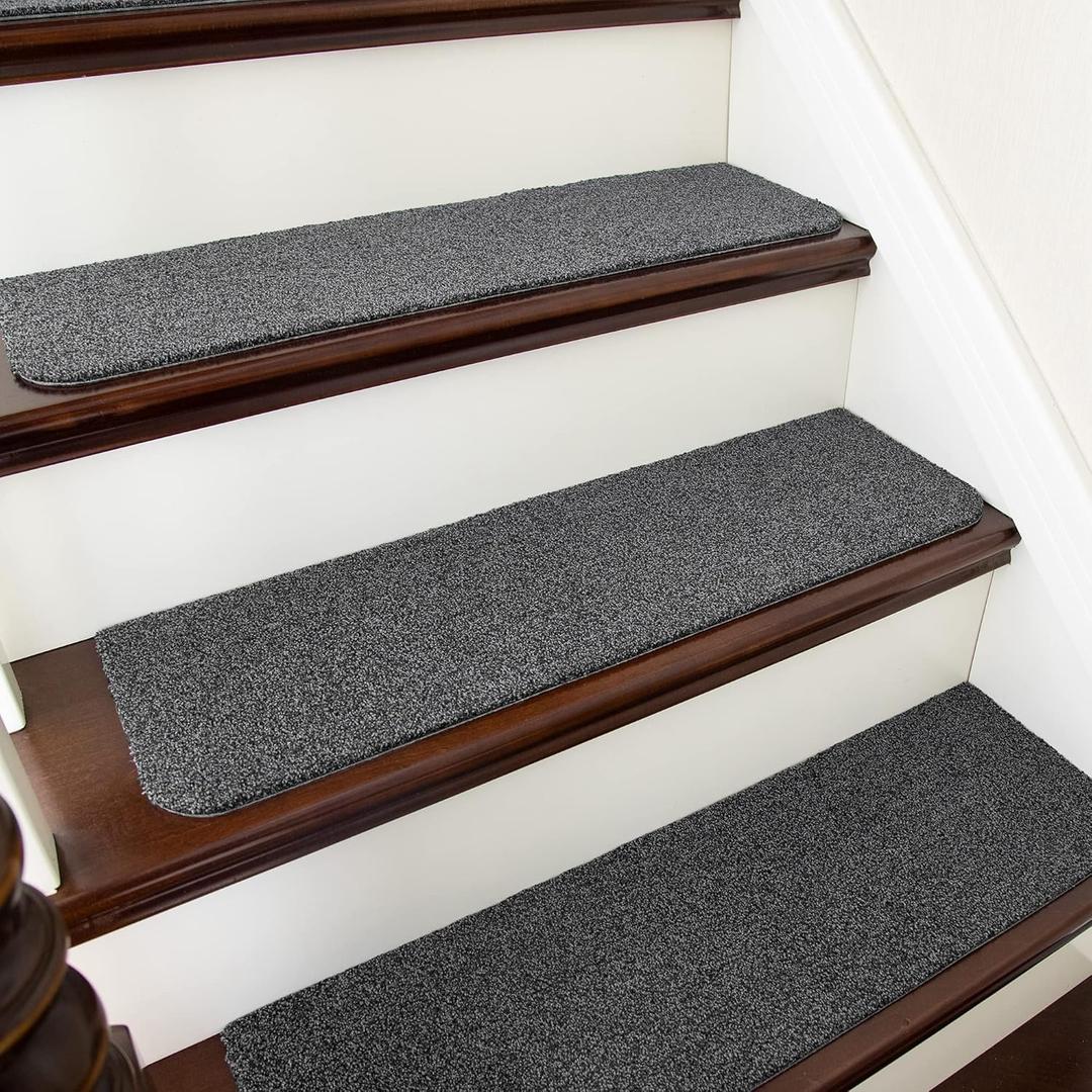 COSY HOMEER Stair Treads Non-Slip Carpet Mat 28inX9in Indoor Stair Runners for Wooden Steps, Stair Rugs for Kids and Dogs, 100% Polyester TPE Backing 4pcs,Black,Protect Floor