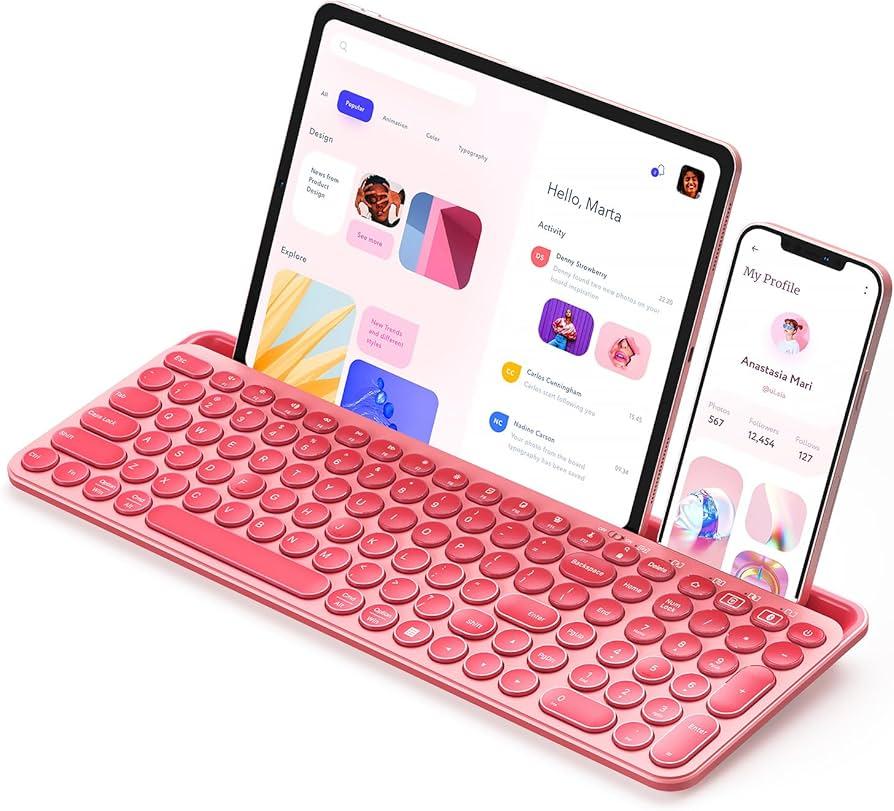 seenda Bluetooth Keyboard for iPad, 2.4G + Bluetooth Multi-Device Typewriter Keyboard with Number Pad, Tablet Holder for iPad Tablet, Andriod Phone, MacBook/Windows PC Desktop, Rose Pink